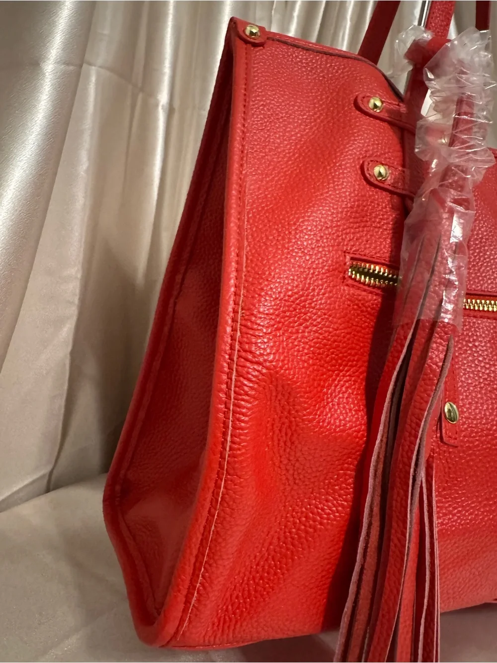 Laggo Siena  Red Pebbled Tote with Tassel Accent